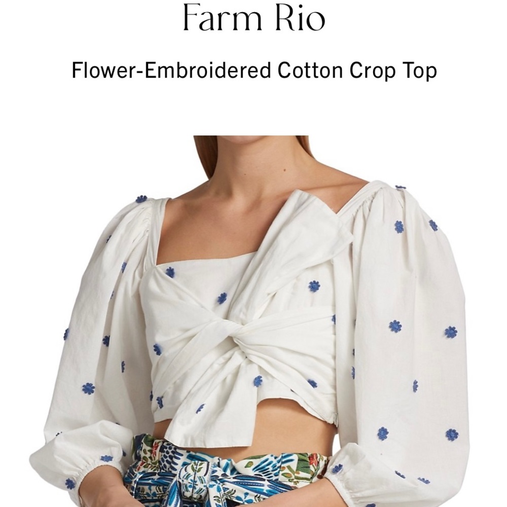 NWT Farm Rio Women's Blue Flowers White Tie Front Crop Top Blouse